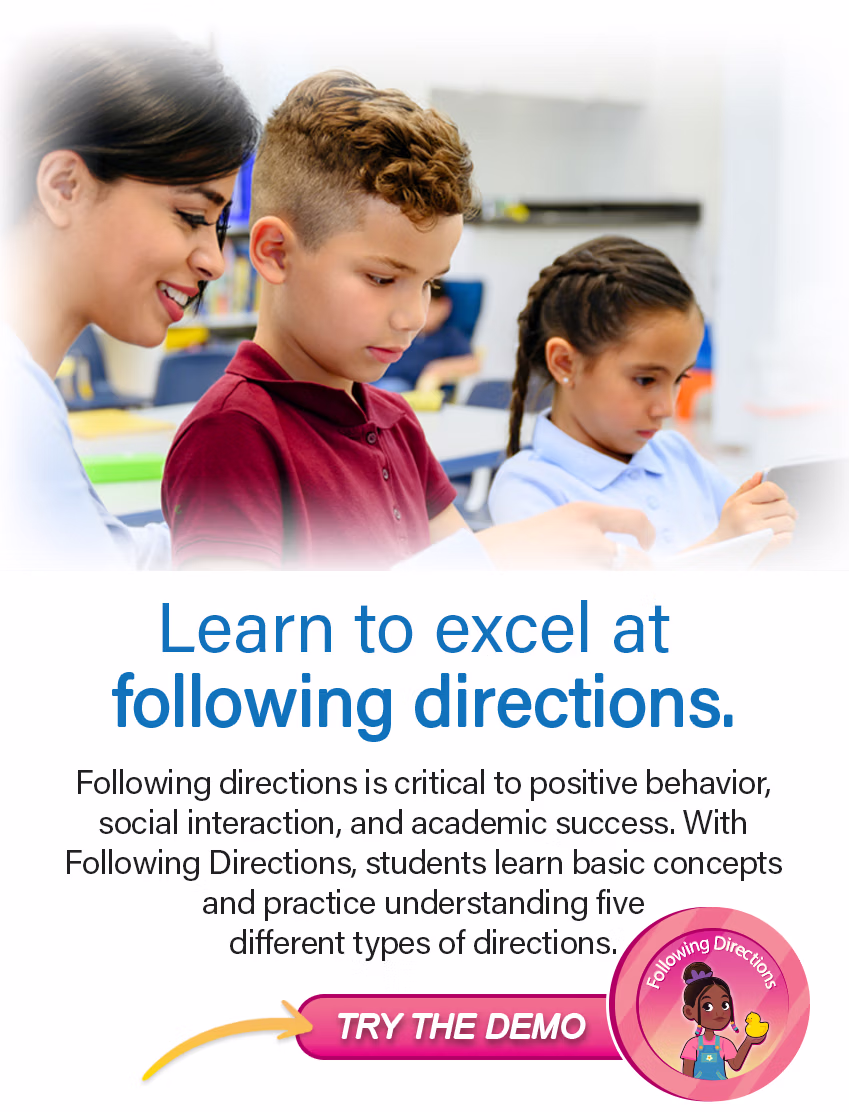 Learn to excel at following directions. Following directions is critical to positive behavior, social interaction, and academic success. With Following Directions, students learn basic concepts and practice understanding five different types of directions.